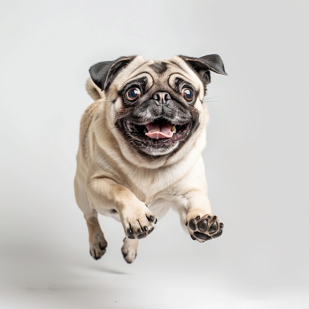 Happy pug running white background photo realistic