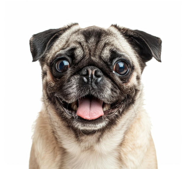 Happy pug running white background photo realistic