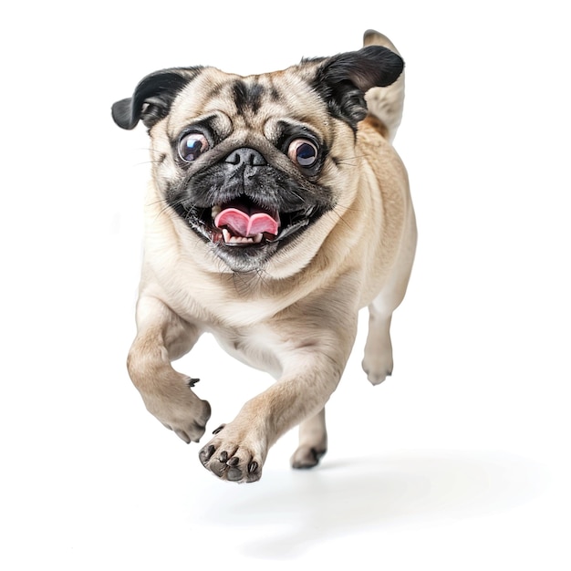 Happy pug running white background photo realistic