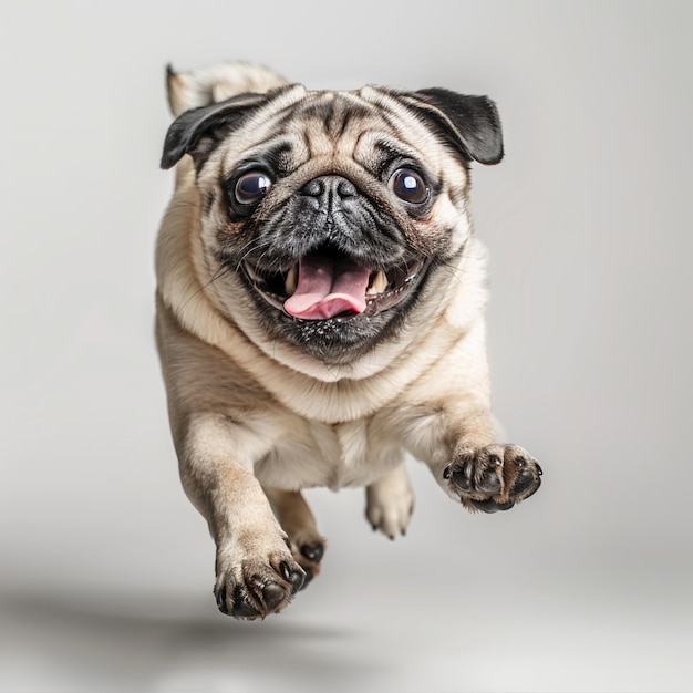 Happy pug running white background photo realistic