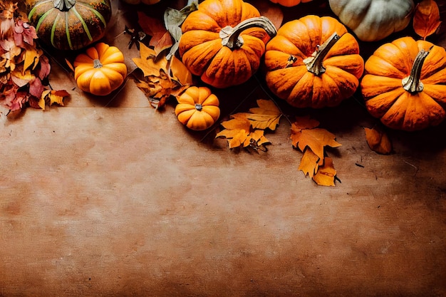 Happy pumkin and autumn leaf on a wood of table