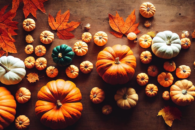 Happy pumkin and autumn leaf on a wood of table