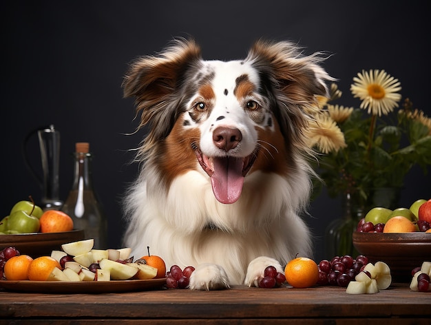 happy puppy dog eating his healthy and organic food advertising image neutral home background