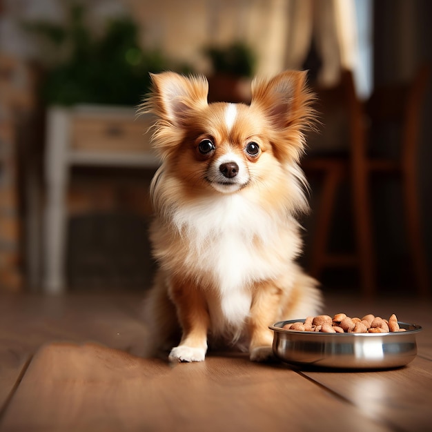 happy puppy dog eating his healthy and organic food advertising image neutral home background