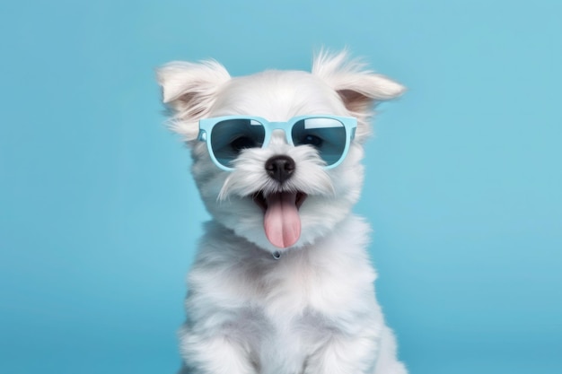 Happy Puppy Dog Portrait wearing sunglasses isolated on blue gradient studio background