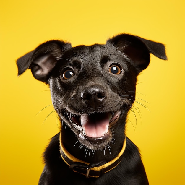 Happy puppy dog smiling on isolated yellow background