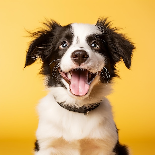 Happy puppy dog smiling on isolated yellow background