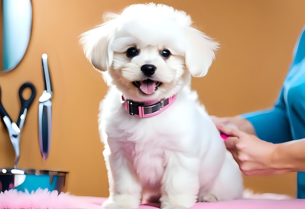 Photo happy puppy gets fluffy fur trim at dog grooming parlor near me