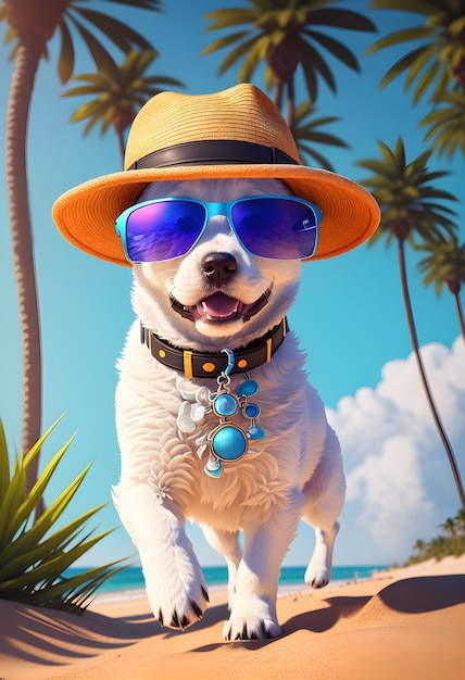 Happy puppy with hat and sunglasses on the sea beach summer ai generated