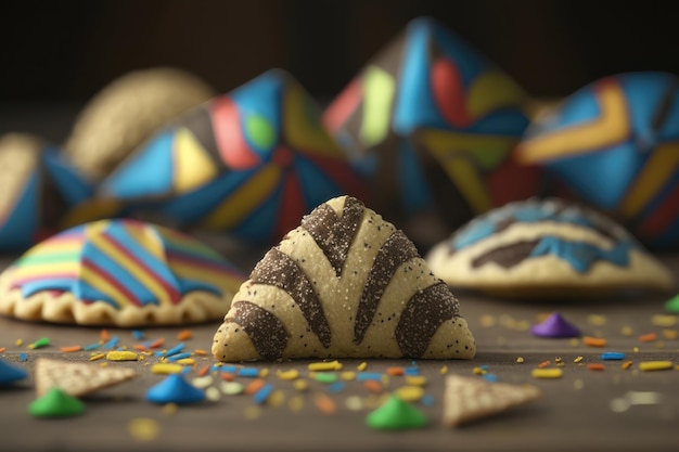 Happy Purim carnival decoration concept with traditional Hammentashen baked AI generation