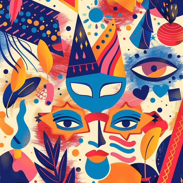 Happy Purim Jewish holiday carnival fair background with carnival masks and traditional Jewish item