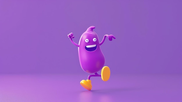 Happy purple 3D cartoon character with big eyes and yellow shoes dancing on a purple background