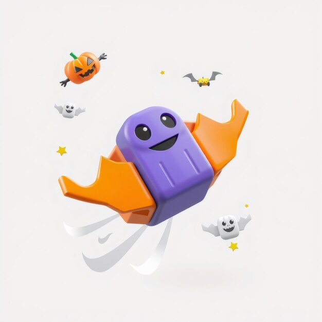 Photo happy purple ghost with orange wings flying against a white background