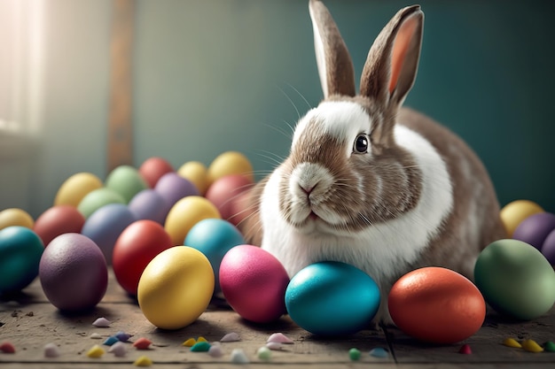 Happy rabbit in an Easter eggfilled universe Generative Ai