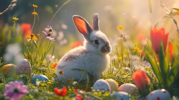 A happy rabbit is surrounded by easter eggs in the grassy natural landscape aige