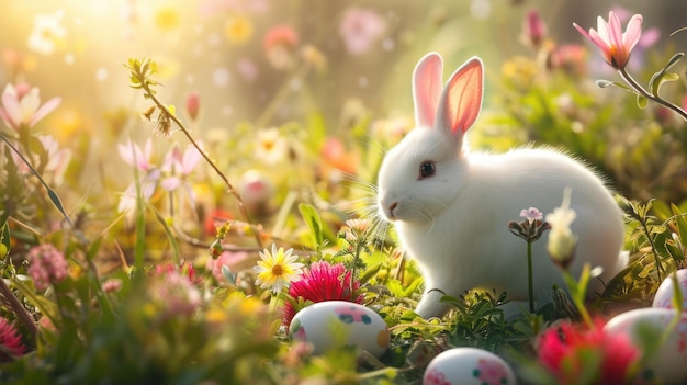 A happy rabbit is surrounded by easter eggs in the grassy natural landscape aige