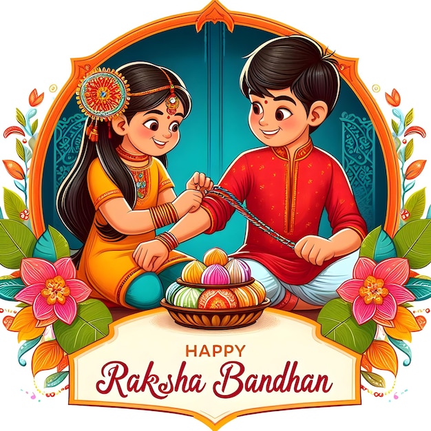 Photo a happy raksha bandhan cartoon with sister tying festival celebration card background greeting card