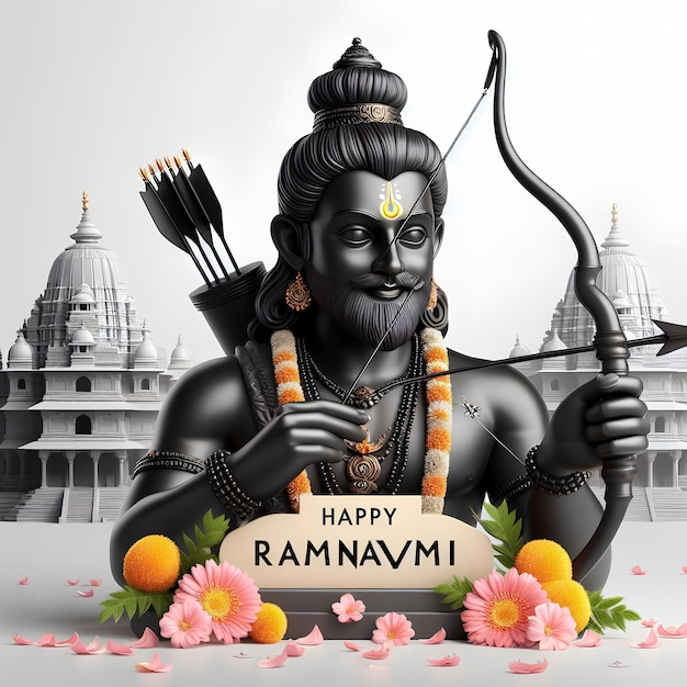 Happy Ram Navami Wishes Poster illustration 3d with rama with arrow and bow 3d vector black idol