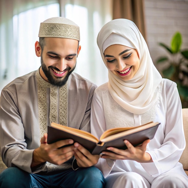 Photo happy ramadan concept of muslim couple reading quran