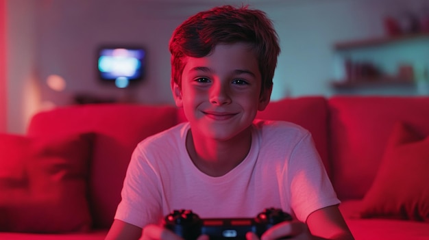 a happy realistic boy playing video games in a red room background ar 169 v 61 Job ID ab0bf055030f46b6a42c7c2310985d58