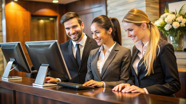 Photo happy receptionists cooperating while working on computer at hotel front desk