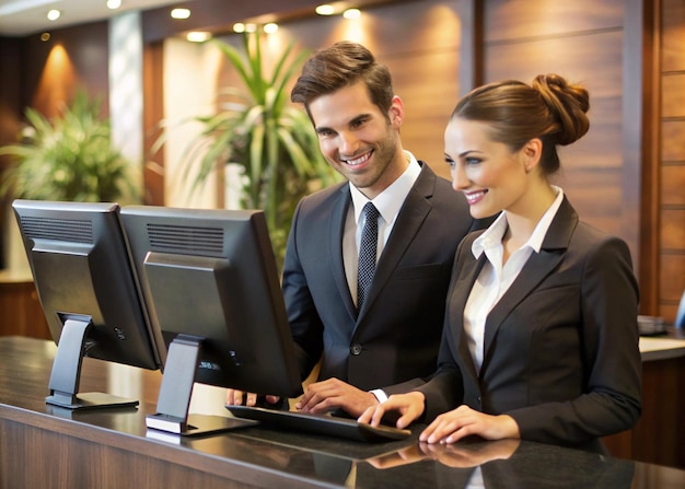 happy receptionists cooperating while working on