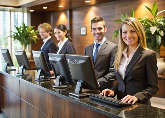 Photo happy receptionists cooperating while working on