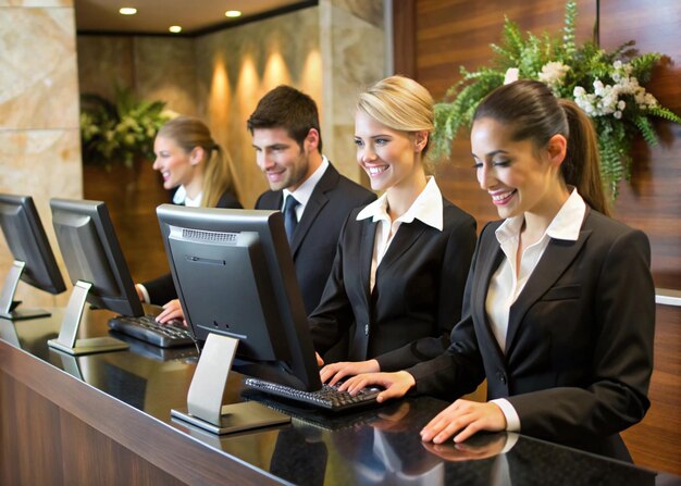 Photo happy receptionists cooperating while working on