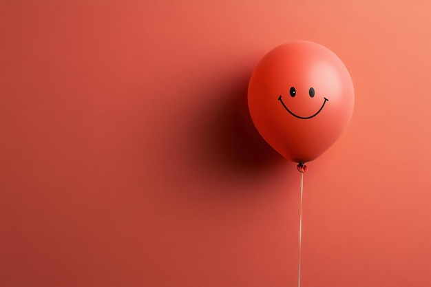 Photo a happy red balloon with a smiley face pops against a bright orange wall