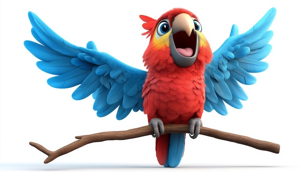 Happy Red Parrot with Blue Wings on Branch