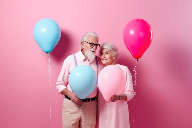 Happy retired married couple in love and in matching pastel colored outfit holding some balloons Generative AI