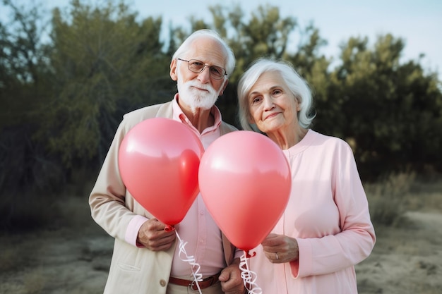 Happy retired married couple in love and in matching pastel colored outfit holding some balloons Generative AI