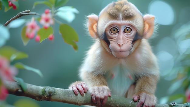 Happy Rhesus macaque primate on tree branch gazing at camera in wildlife photo