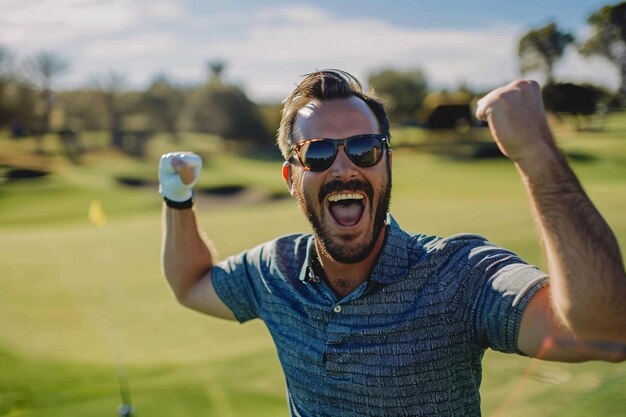 Photo happy rich golfer on golf course