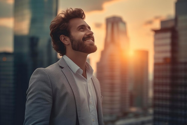 happy rich and successful business man standing on the street