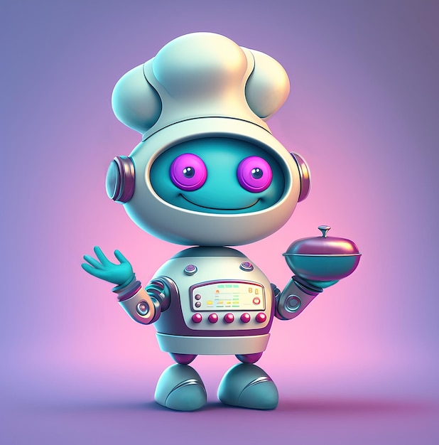 Happy robot chef presenting food over blue pink background 3D illustration