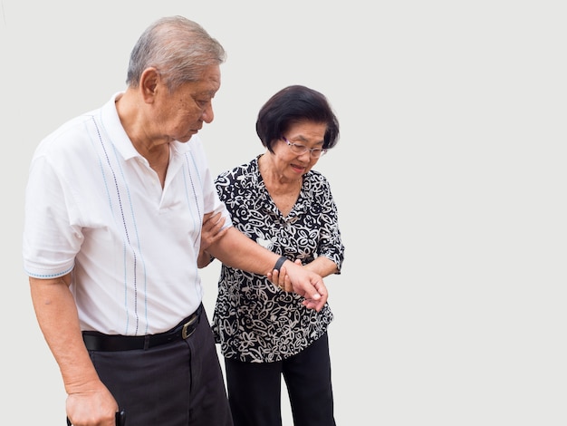 Happy romantic senior asian couple take care of each other