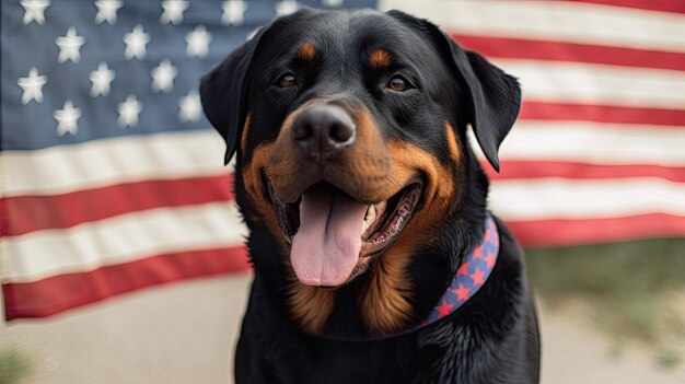 Happy Rottweiler carrying USA flag 4th of july with Generative AI Technology