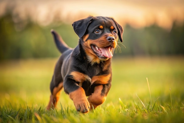 Happy Rottweiler Puppy Running Through a Field at Sunset Generative AI