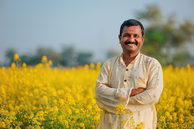 Happy rural Indian farmer in mustard field wearing traditional attire enjoying bountiful crops