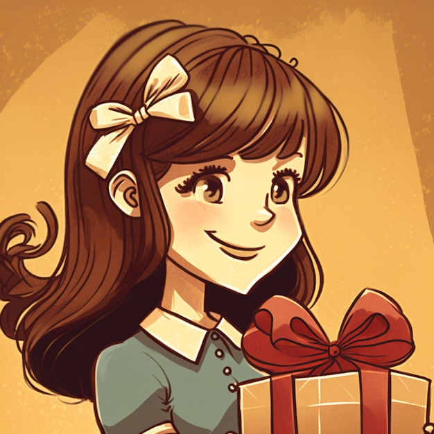 A happy russethaired girl handing out a gift cartoon style