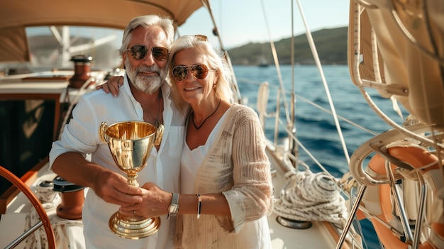 Happy Sailing Couple Holding Their Trophy on the Deck of Their Sailing Boat Generative AI