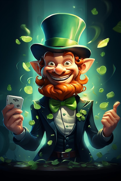 Happy Saint Patrick with a Red Beard and Green Hat Playing Cards in a Cartoon Fairytale