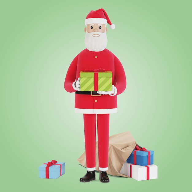 Happy Santa Claus character with gift box. For Christmas cards, banners and labels. 3D illustration in cartoon style.