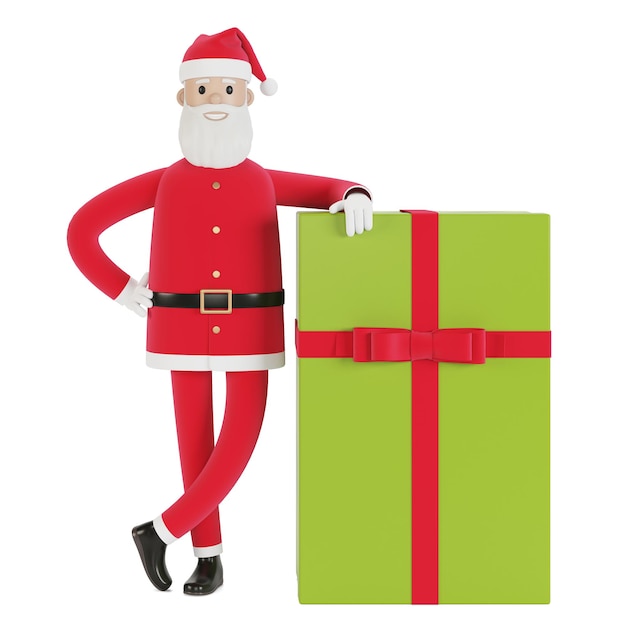 Happy Santa Claus character with gift box. For Christmas cards, banners and labels. 3D illustration in cartoon style.