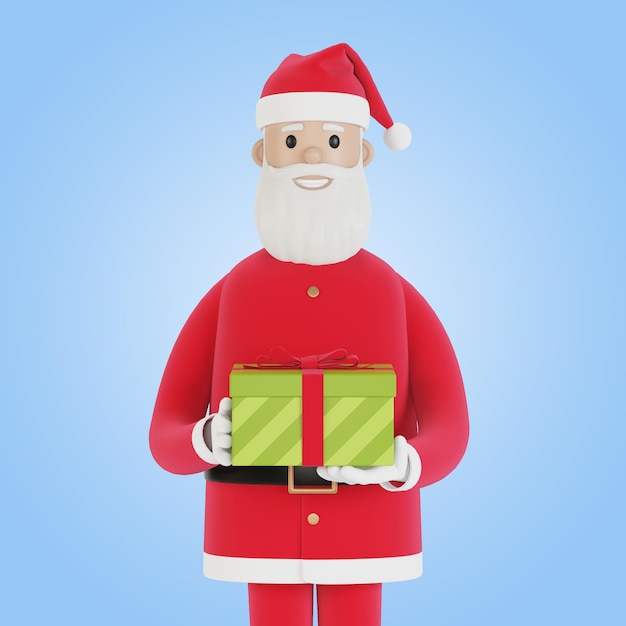 Happy Santa Claus character with gift box For Christmas cards banners and labels 3D illustration in cartoon style