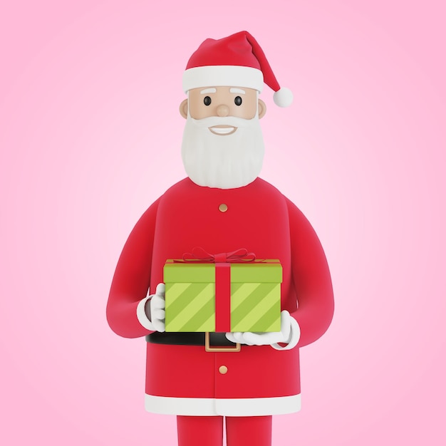 Happy Santa Claus character with gift box For Christmas cards banners and labels 3D illustration in cartoon style