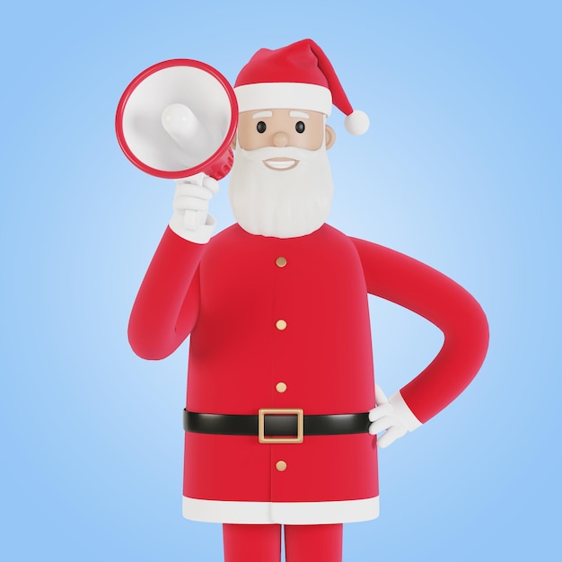 Happy Santa Claus character with a megaphone For Christmas cards banners and labels 3D illustration in cartoon style