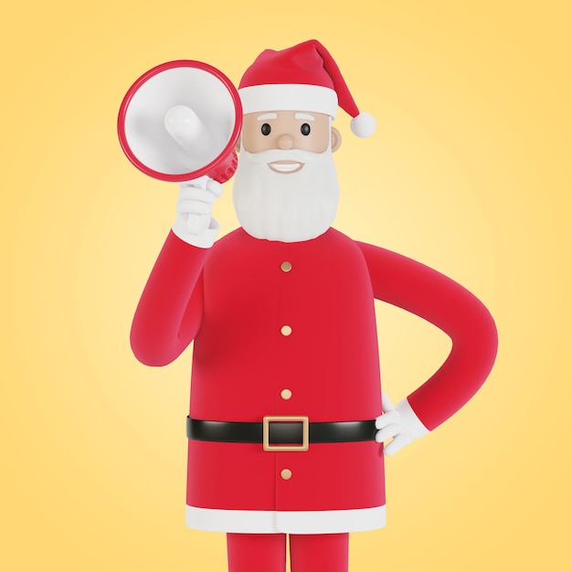 Happy Santa Claus character with a megaphone For Christmas cards banners and labels 3D illustration in cartoon style