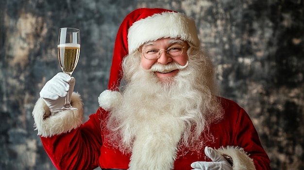 Photo happy santa claus holds a glass of champagne smiling at the camera